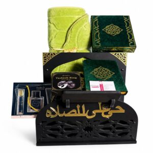 coffret cadeau islamique vert coran tapis priere tasbeeh ring